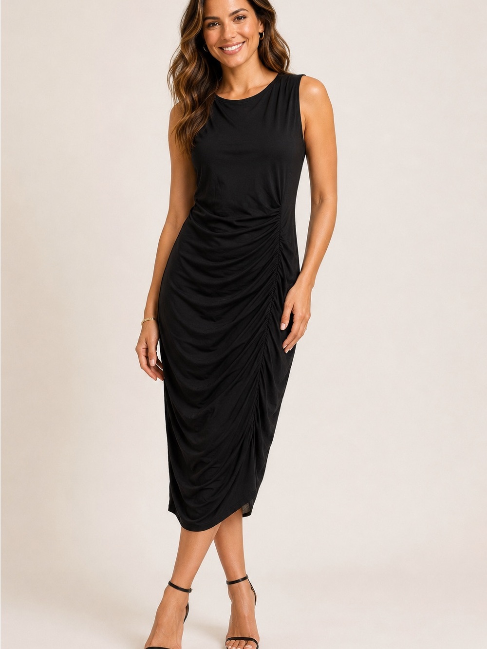 50. RACHEL Rachel Roy Black Sleeveless Ruched Midi Dress